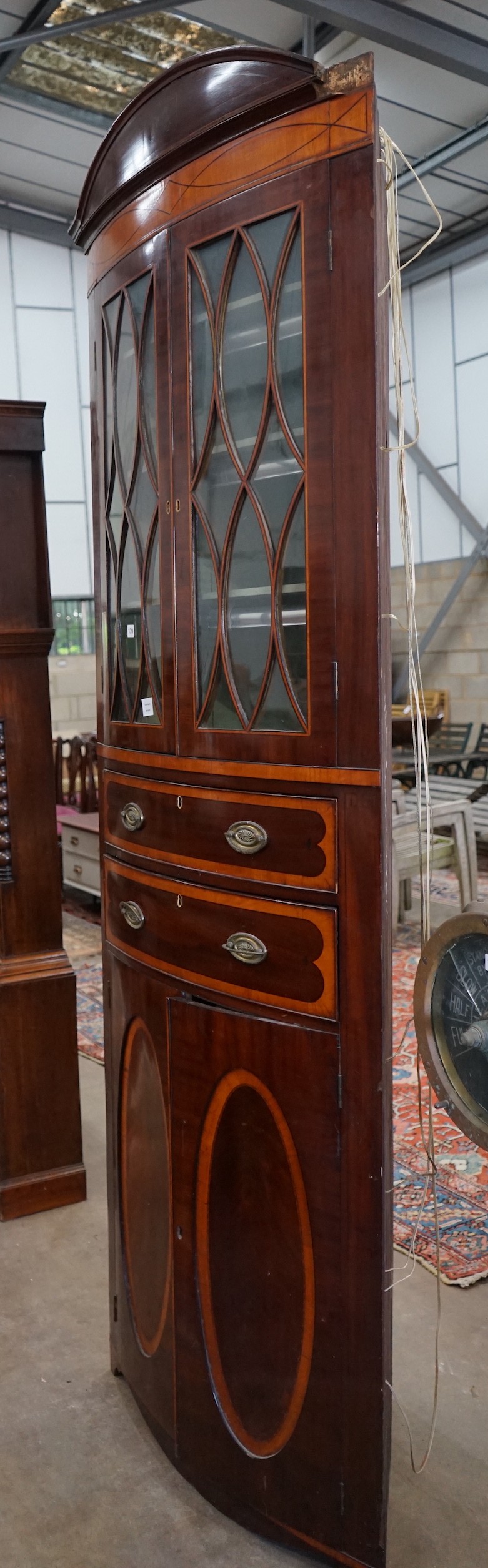 A large Regency mahogany bowfront standing corner cabinet, width 88cm, depth 47cm, height 246cm